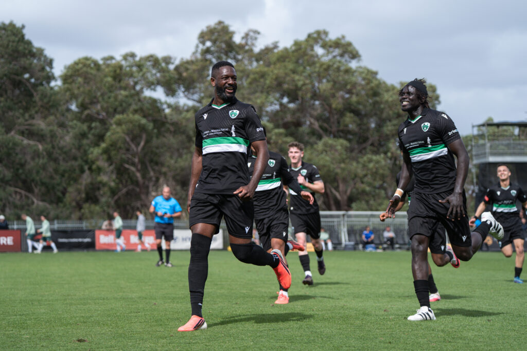 Jose celebrates a spectacular free kick to put Balga SC 2 goals up against Rockingham SC